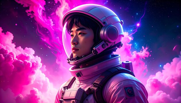 Dreamy exploration of space: an astronaut surrounded by ethereal nebulae and celestial bodies