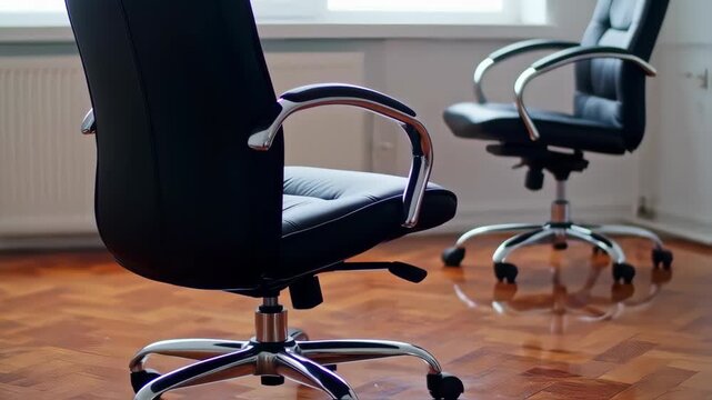 Two black office chairs on a wooden floor