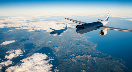 Naklejka premium Two passenger airplanes flying high above clouds over a coastal landscape. Aerial view of jets in a blue sky, symbolizing air travel and transportation.