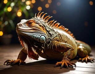 Obraz premium Close-up of a colorful iguana on a wooden surface