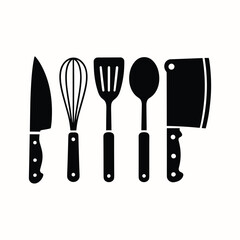 Kitchen Utensils Silhouette Icon Set with Knife, Whisk, Spatula, Spoon, and Cleaver for Cooking, Restaurant, Chef, Culinary, and Food Design.