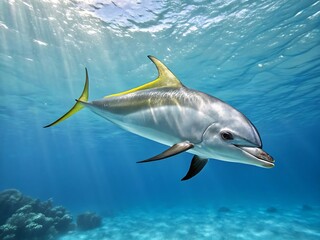 Beautiful dolphin swimming in the ocean under the sunlight rays