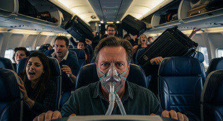 A fearful man wearing an oxygen mask inside a chaotic airplane cabin during severe turbulence and an emergency.