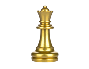 Vintage Gold Queen Chess Piece on Invisible Surface, Side View with Patina Texture, Transparent PNG