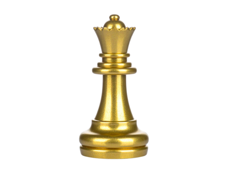 Vintage Gold Queen Chess Piece on Invisible Surface, Side View with Patina Texture, Transparent PNG
