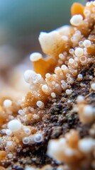 Detailed close up of small pearl colored fungi growing on decaying surface