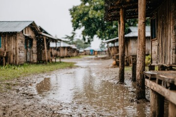 Muddy village street after rain. Wooden huts line a path reflecting the grey sky