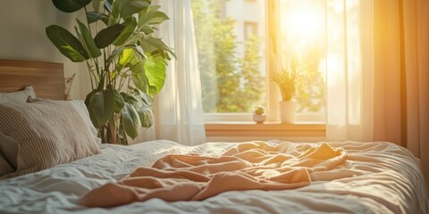 A cozy bedroom scene with someone laying out an outfit on the bed near a bright window