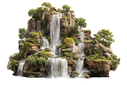 A cascading waterfall flows down a rocky, moss-covered mountain