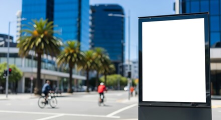 Obraz premium Blank billboard in a city street, ready for advertising, with cyclists and buildings in the background,Ideal outdoor advertising mockup with blank poster on city street in background, bright day