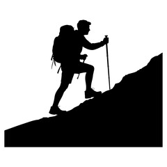 silhouette of a person hiking up a mountain with a backpack
