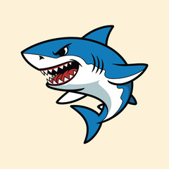 Fototapeta premium Angry Shark Cartoon Illustration, Fierce Ocean Predator Character, Blue Sea Animal Mascot, Marine Wildlife Art for Kids, Sports Logo, Educational Design.