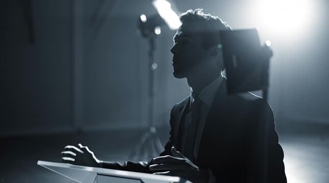 Man in suit silhouette stands in studio with lighting equipment and softbox in monochrome tone