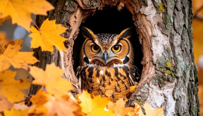 Great Horned Owl in Tree Hollow with Autumn Foliage, and Wildlife.