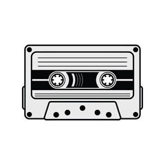 Vintage black and white audio cassette tape illustration with retro design, isolated on white background, symbol of classic music and nostalgia.