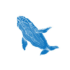 Vector hand drawn illustration of whale blue filling without stroke. Sketch detailed engraving style