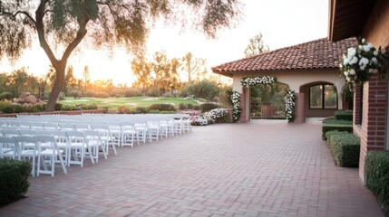 Outdoor event venue with rows of chairs and elegant floral decorations