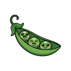 Cute Three Peas in a Pod Cartoon Illustration, Happy Green Vegetable Characters, Fun Kawaii Food Art for Kids, Healthy Eating Poster Design.
