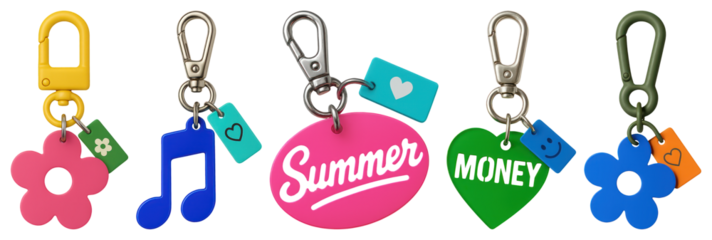 PNG Colorful keychains with fun designs, element set on transparent background