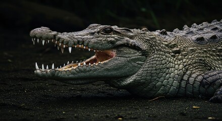Obraz premium Menacing Crocodile Portrait: Open Mouth, Sharp Teeth, Detailed Scales in Dark Setting