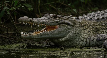 Fototapeta premium Menacing Crocodile Portrait: Open Jaws, Sharp Teeth, and Textured Scales in Dark Swamp