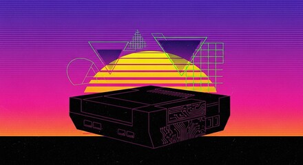 Retro gaming console silhouette against a vibrant sunset.
