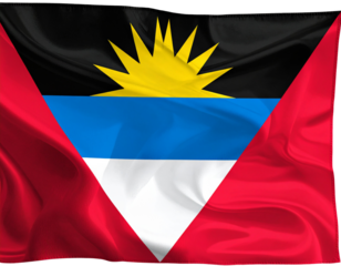 Antigua and Barbuda Flag Waving with Sunburst Emblem and Fabric Texture, isolated on transparent background.