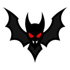 Spooky black bat with glowing red eyes and sharp fangs