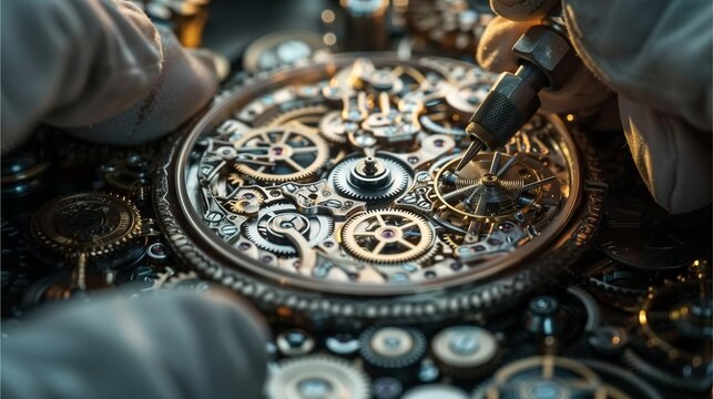 a close-up view of a skilled watchmaker meticulously repairing a mechanical timepiece. The intricate gears and components of the watch are displayed.