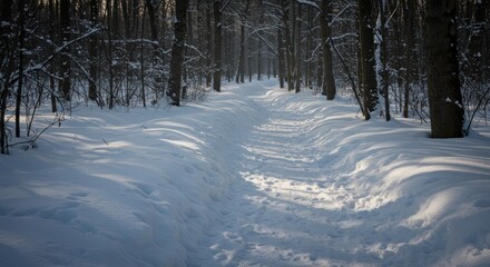 Fototapeta premium Winter's Embrace: Sunlit Snow Path Through a Dark Forest