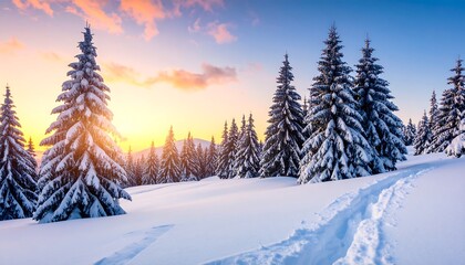 Winter wonderland landscape at sunset
