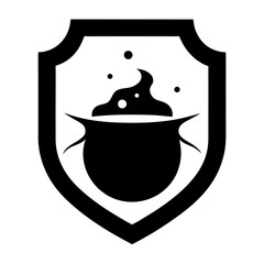 Black shield with bubbling cauldron icon