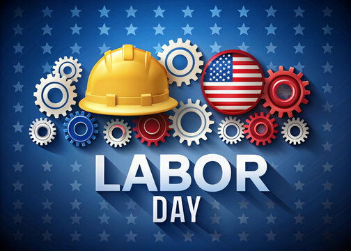 Labor day celebration with hard hat gears and american flag globe on blue background - Powered by Adobe