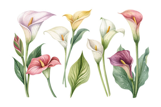 set of watercolor calla lily vector illustration isolated on white background