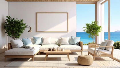 Coastal Living Room Interior with Ocean View and Minimalist Design Elements.