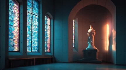 Interior view of church with stained glass windows and statue bathed in warm sunlight glow inside - Powered by Adobe
