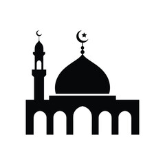 Islamic Mosque Silhouette Icon with Crescent Moon and Star, Black and White Vector Illustration for Ramadan, Eid, Muslim Architecture, and Religious Design.