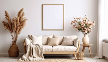 Naklejka premium Cozy Boho Living Room with Pampas Grass and Blank Frame Mockup.