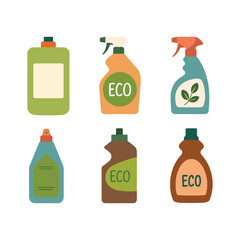Set of six eco-friendly cleaning product bottles, flat vector illustration, green household detergent, spray, and liquid containers, isolated on white background.