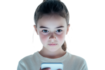 Girl with freckles holds a smartphone, with a bright light source, for digital design.