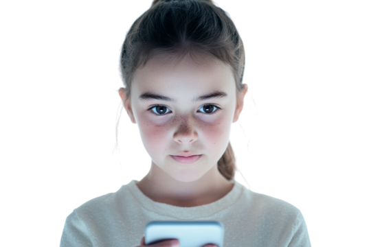 Girl with freckles holds a smartphone, with a bright light source, for digital design.