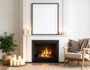 Fototapeta premium Cozy Fireplace Scene with Blank Frame Candles and Armchair in Warm Interior.
