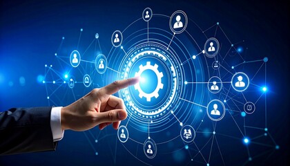 Driving Digital Transformation A Hand Interacts with a Futuristic Network Interface, Symbolizing Advanced Technology, Strategic Solutions, and Global Business Connectivity.