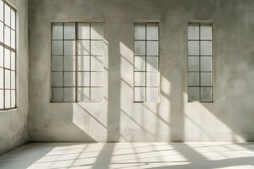 Obraz premium Empty room with three windows and sunlight casting shadows on the floor.