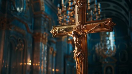 A golden crucifix in a church with ornate details and stained glass windows in the background light