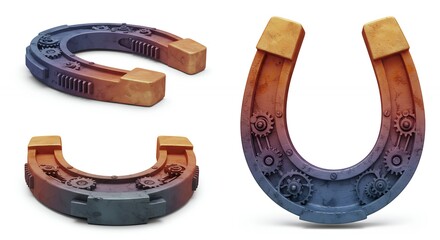 Three views of a stylized horseshoe design