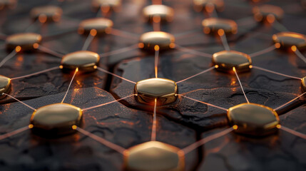 Close up view of interconnected hexagonal nodes with glowing edges, set against textured dark surface. This evokes sense of technology and innovation, showcasing network design