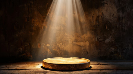 Circular wooden platform illuminated by beams of light creates dramatic atmosphere in dimly lit room. textured wall adds depth, enhancing scene mysterious and inviting feel