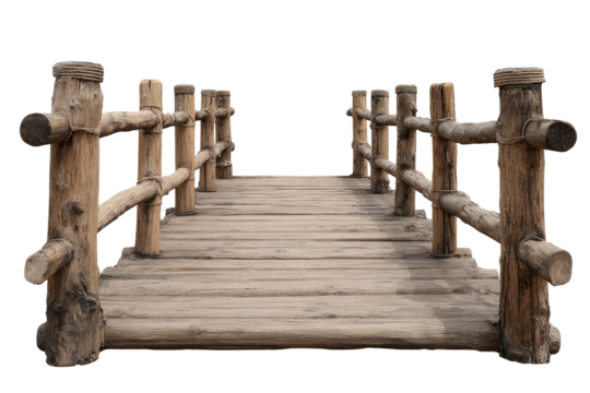 Wooden bridge with rustic, natural railings