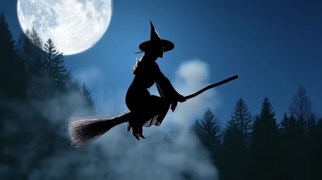 A silhouette of a witch flying on a broomstick against a full moon. Dark forest in the background. Halloween theme with spooky atmosphere.